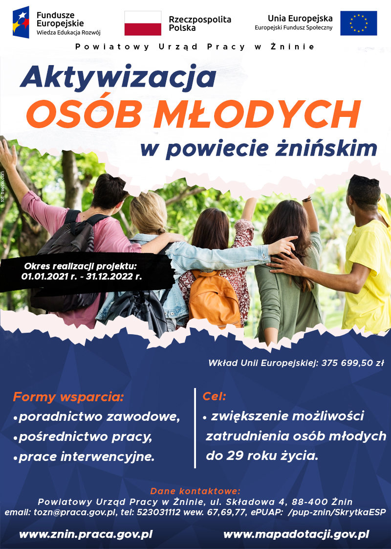 Plakat promujący projekt "Aktywizacja osób młodych" 2021 r.